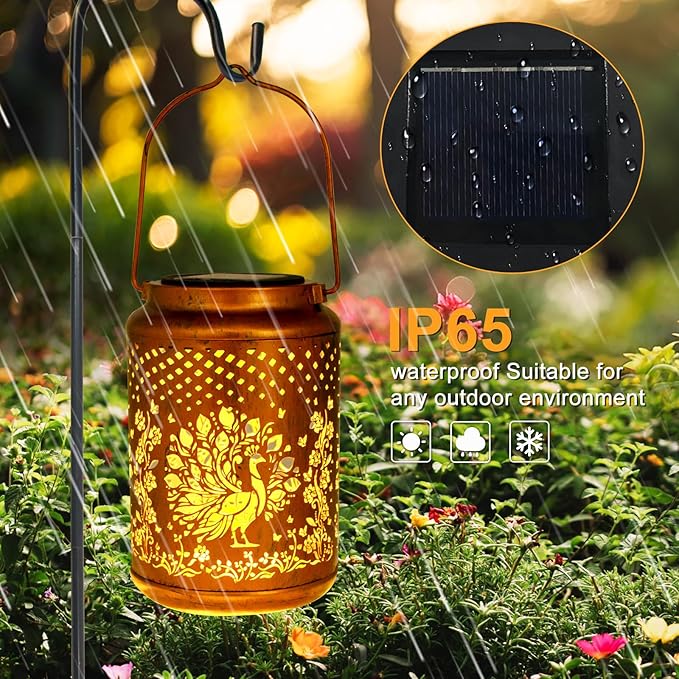 YISITEONE Peacock Outdoor Solar Lanterns, Garden Waterproof Metal Hanging Decor Lights for Patio Yard Pathway Lawn Front Porch, Birthday Gardening Gifts for Women Mom Grandma