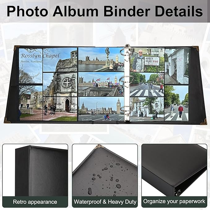 Vintage Hardback 3 Ring Binder 2 Inch, Professional Leather Binder 3 Ring, Three Ring Binders Fits 8.5" x 11", D Ring Binders for Photo Album, Home, School and Office Supplies- Black