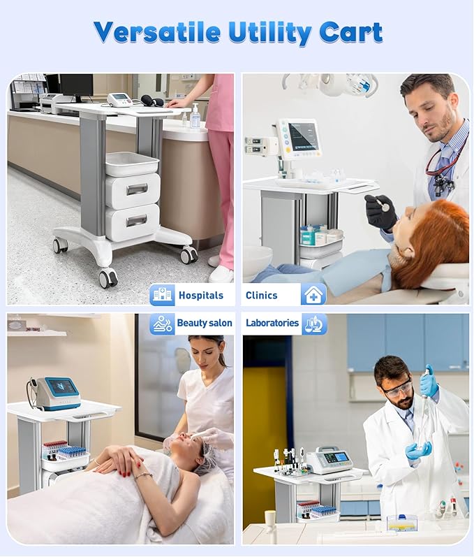 Medical Trolley Cart with Drawers, Hospital Mobile Ultrasound Cart with Trays & 4 Silent Swivel Wheels, 220 LBS Load Portable Storage Drawer for Hospital, Dental Clinic, Beauty Salon (Without Socket)