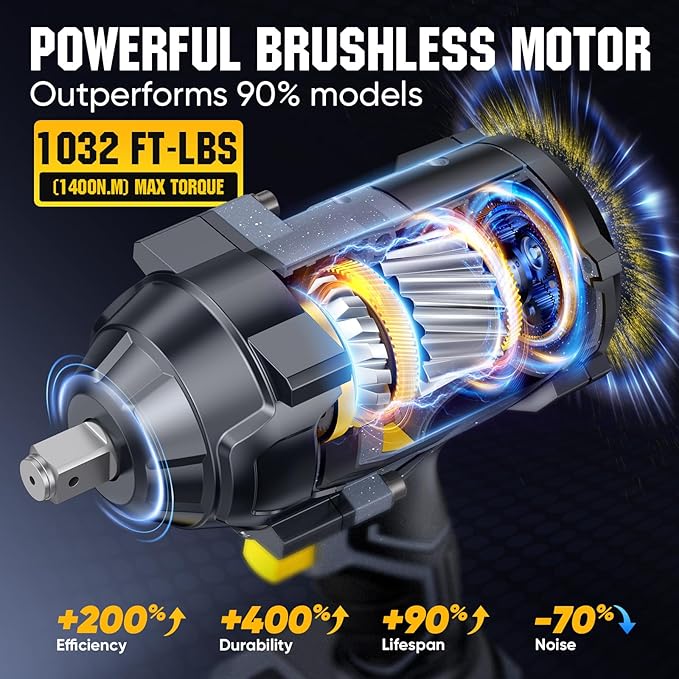 Impact Wrench Cordless 1/2 Inch, 1032Ft-lbs (1400N.m) Brushless High Torque Impact Gun, 4-Speed with 2X 4000mAh & Full Accessory Kit Batteries for Mechanics/Car Repair