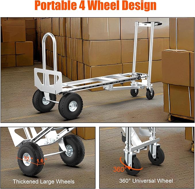 3 in1 Convertible Hand Truck, Folding Aluminum Hand Trucks 880lb Load Appliance Dolly, Heavy Duty Dolly Cart Converts Platform Cart, Portable Cart Luggage,Travel,Moving,Shopping,Office Use (Silver)