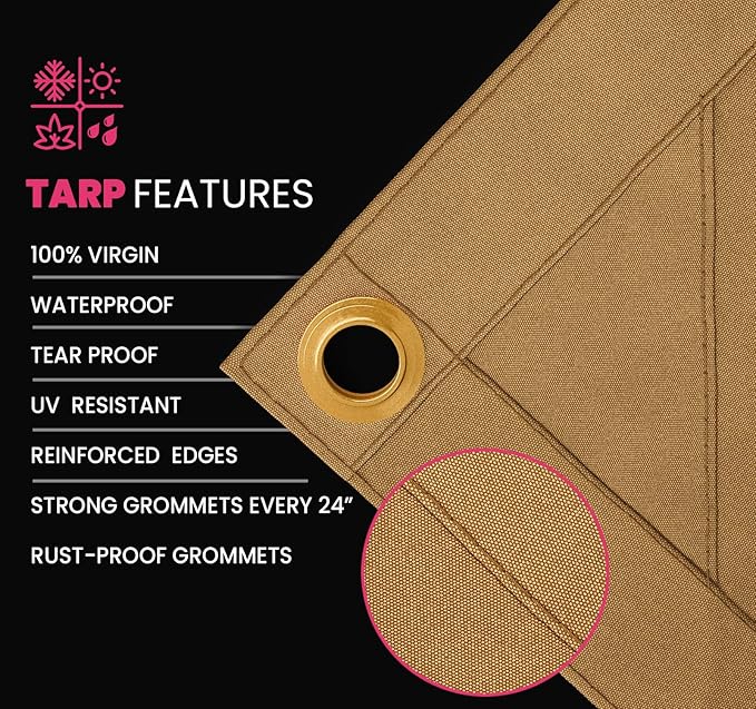 PROTARP Extreme Heavy Duty 20 OZ Water Resistant Canvas Tarp, UV Resistant Tarpaulin Cover with Rustproof Brass Grommets, Multipurpose for Canopy, Roof, Camping, Woodpile (Tan 20'X20')