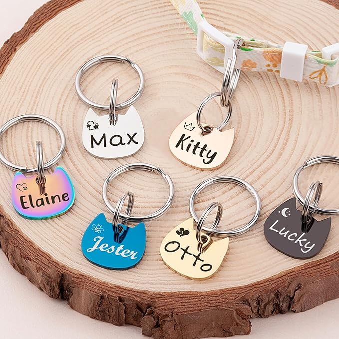 Anavia Small Size Dog Cat ID Tags, Small/XS Personalized Color Plated Stainless Steel Puppy Kitten Name Tags, Customized Engraved Nameplate Pet Collar Tag (Gold, Cat Head)