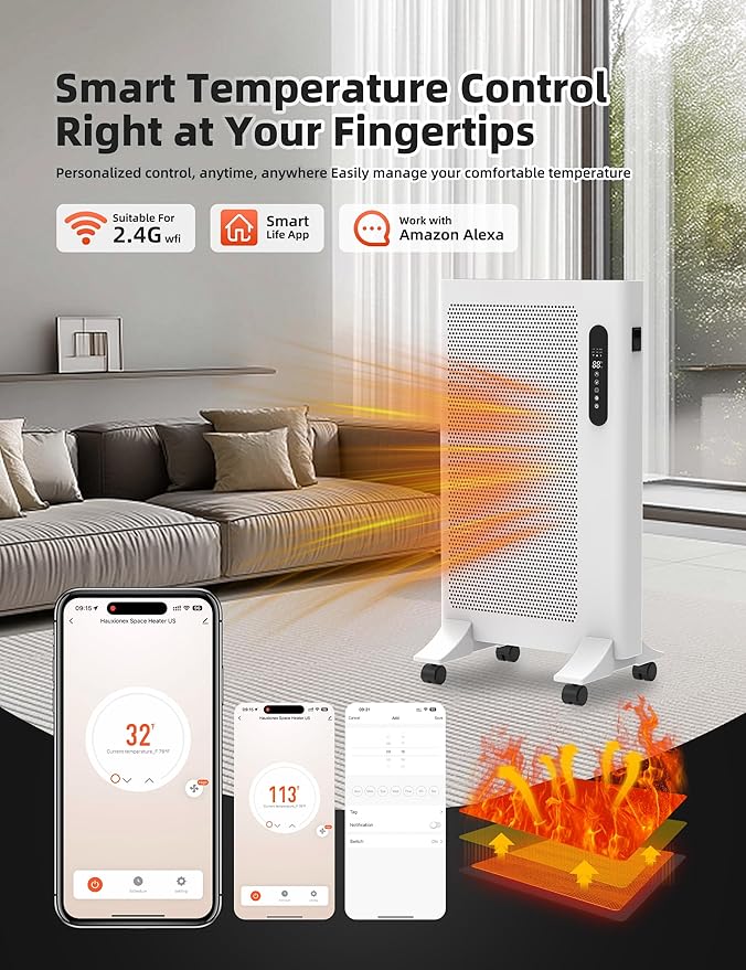 Mica Infrared Space Heater, 1500W Portable Panel Heater for Indoor Use, Large Room, WiFi Smart App & Alexa Control, Fast Heating, Energy Efficient, Quiet, White