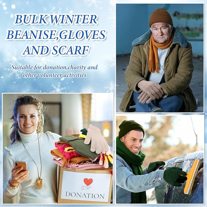 Unittype 300 Pcs Winter Homeless Care Supplies Bulk - Beanies Caps Gloves Scarves Set for Community Charity Church Donation
