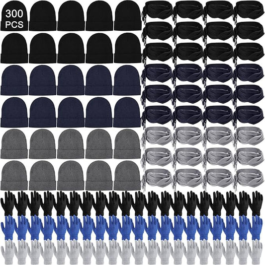 Unittype 300 Pcs Winter Homeless Care Supplies Bulk - Beanies Caps Gloves Scarves Set for Community Charity Church Donation