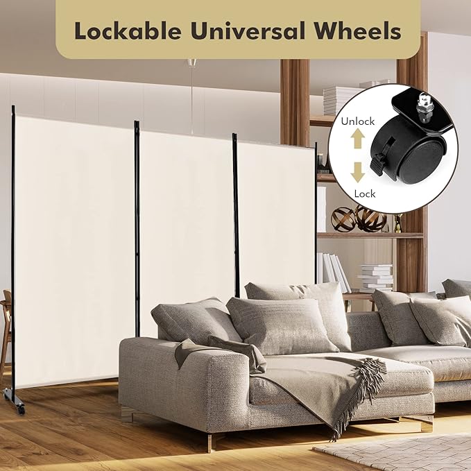 Giantex 3 Panel Room Divider with Wheels, 103''W x 71''H Folding Privacy Screen, Rolling Partition Room Dividers for Home Office Studio, Freestanding Fabric Wall Divider for Room Separation, Beige