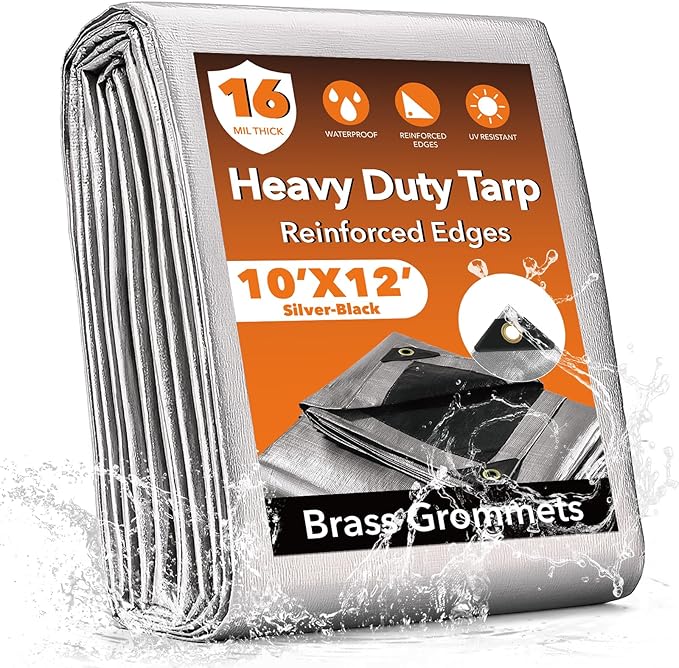 10x12FT Waterproof Tarp, Yumatum 16 Mil Heavy Duty Tarps with Reinforced Edges/Brass Grommets, 100% UV Blocking/Tear Resistant Poly Tarp for Camping, Patio, Tent, Boat(Silver/Black)