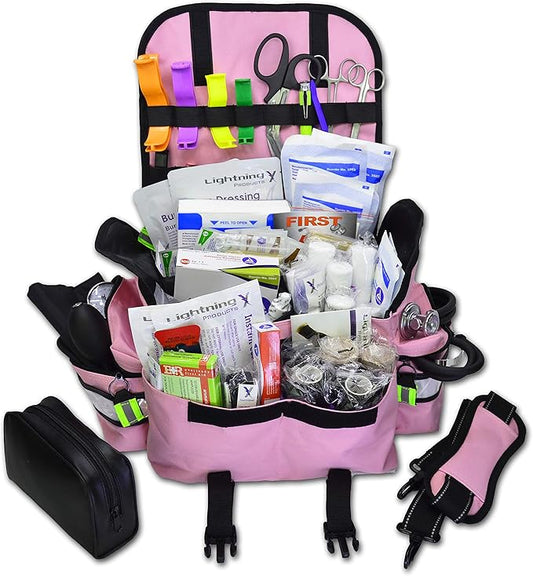 Lightning X Personalized First Responder EMT EMS Trauma Bag w/Stocked First Aid Fill Kit B & Custom Embroidered Name Patch (Pink)