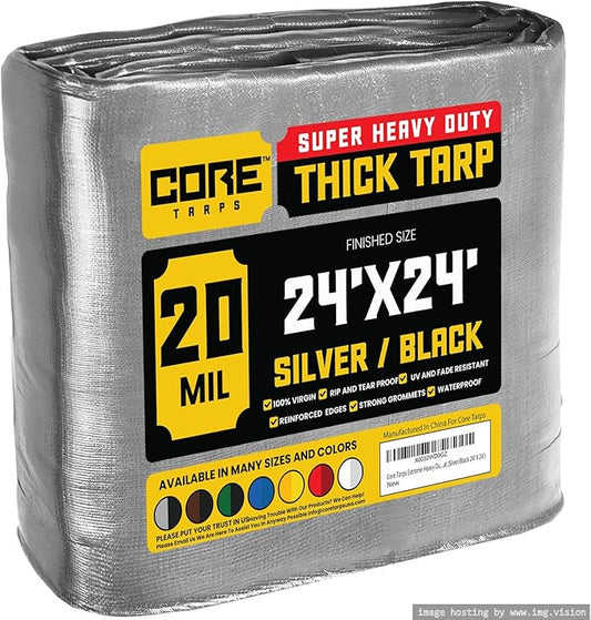 Core Tarps Extreme Heavy Duty 20 Mil Tarp Cover, Waterproof, UV Resistant, Rip and Tear Proof, Poly Tarpaulin with Reinforced Edges for Roof, Camping, Patio, Pool, Boat (Silver/Black 24′ X 24′)