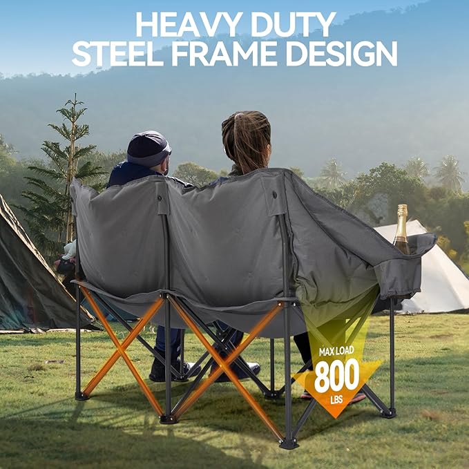 Heated Double Camping Chair, Oversized Camping Loveseat with 4 Heating Zones and 3 Temperature Settings, Portable Heated Double Chair for Outdoor Use（Battery Not Included）