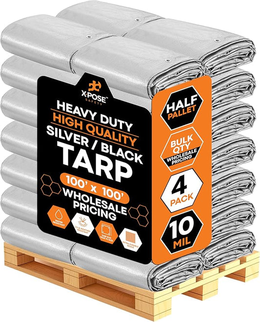 Heavy Duty Poly Tarp 100' x 100' - Bulk Half Pallet (4 Pack) Thick Waterproof, UV Blocking Protective Cover - Reversible Silver & Black - 10 Mil Thick Polyethylene - by Xpose Safety