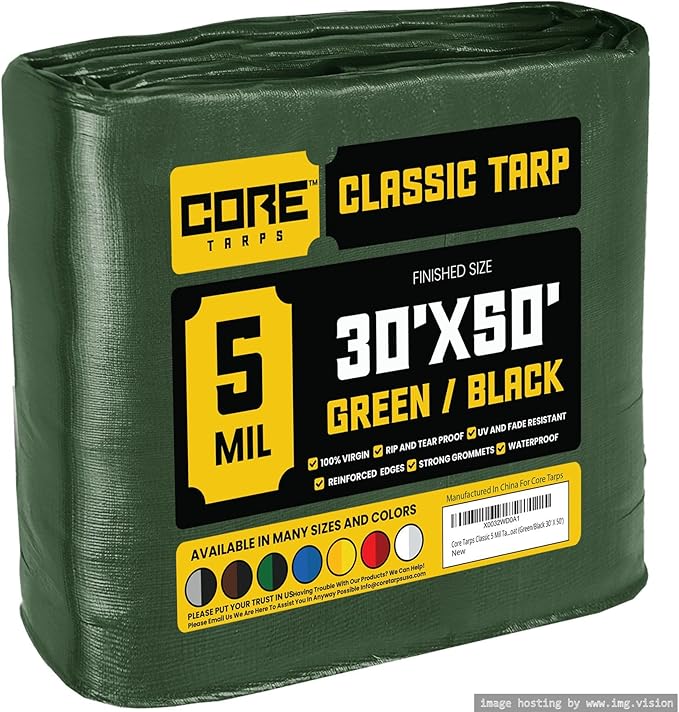 Core Tarps Classic 5 Mil Tarp Cover, Waterproof, UV Resistant, Rip and Tear Proof, Poly Tarpaulin with Reinforced Edges for Roof, Camping, Patio, Pool Cover, Boat (Green/Black 30′ X 50′)