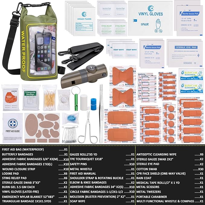 154 Pieces Waterproof Boat First Aid Kit Dry Bag with Cell Phone Bug Out Bags Pouch Roll Top Boat Emergency Kit 2-in-1 for Camping Fishing Kayaking Swimming Rafting