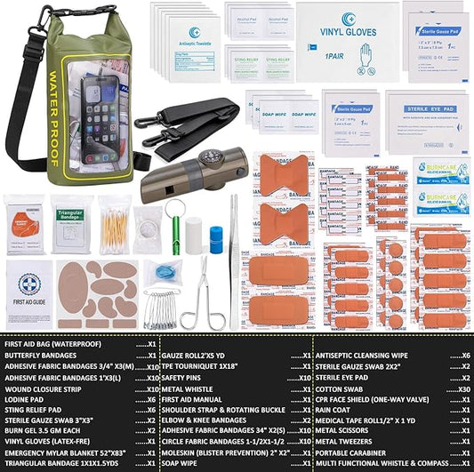 154 Pieces Waterproof Boat First Aid Kit Dry Bag with Cell Phone Bug Out Bags Pouch Roll Top Boat Emergency Kit 2-in-1 for Camping Fishing Kayaking Swimming Rafting