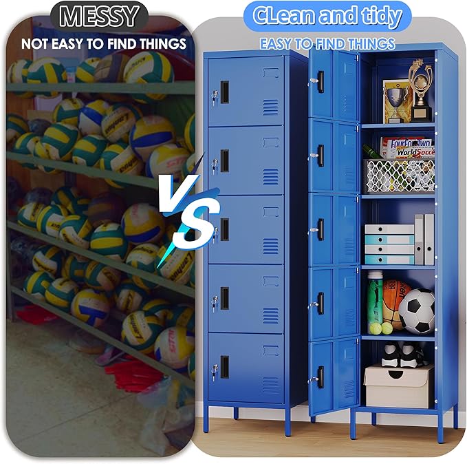 Metal Locker with Lock and Ventilation Holes,Metal Storage Locker with Business Card Slot for Home,Gym,Garage,School,Office,66" H x 15.8" W x 15.8" D Assembly Required,Blue
