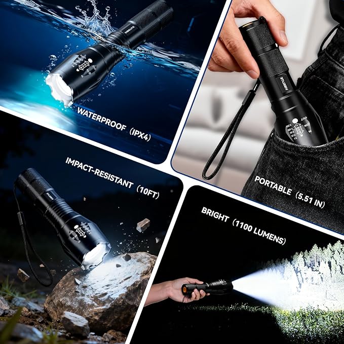 VIBELITE LED Flashlight High Lumens, 5 Modes Zoomable Waterproof Tactical Flashlight for Hiking, Camping Emergency, Stocking Stuffers & Christmas Gifts for Men, Dad, 2 Pack