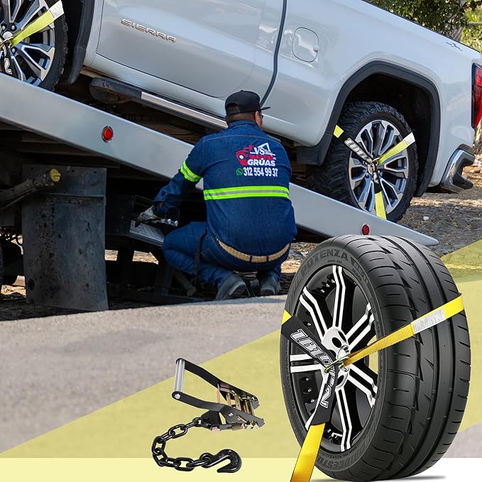 4 Pack Car Tie Down Straps for Trailers with Heavy Duty Chain Anchors 2" x 96" - 3,300 lbs Safe Working Load -Adjustable Wheel Straps with Chain Hook Anchors for Trailers.Yellow