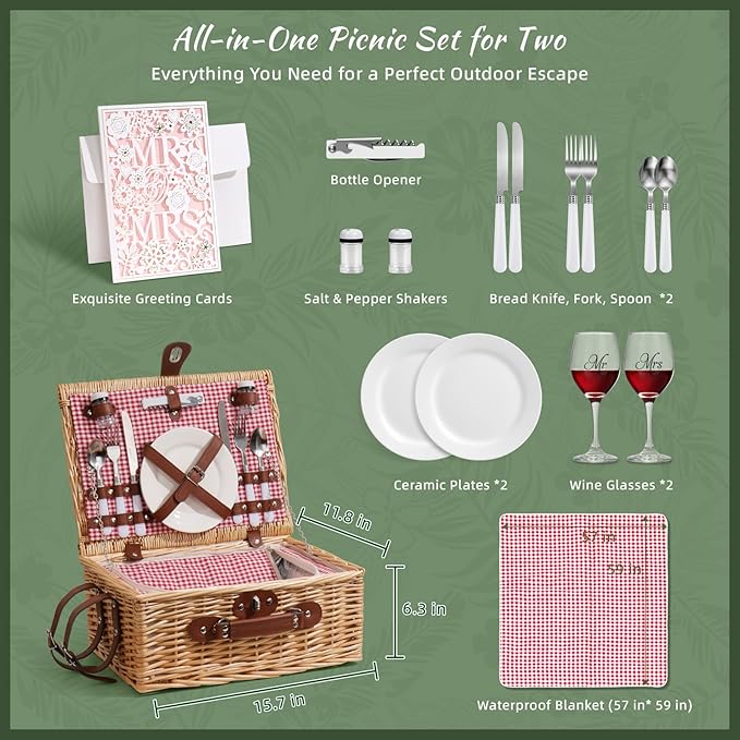 Picnic Basket for 2 with Waterproof Picnic Blanket, Wicker Picnic Set Kit with Cooler for Beach, Insulated Picnic Baskets, Bridal Shower Gift Wedding Gifts with Mr Mrs Wine Glasses and Greeting Card