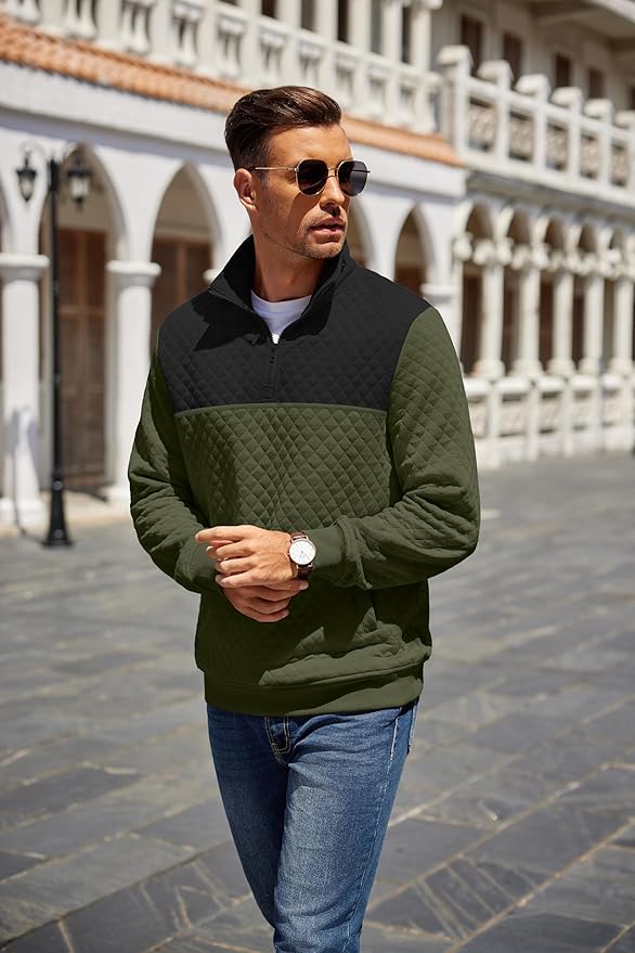 COOFANDY Mens Quarter Zip Pullover Quilted Sweatshirt Knit Long Sleeve Mock Neck Sweater Polo with Pocket