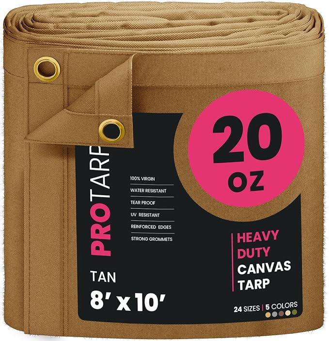 PROTARP Extreme Heavy Duty 20 OZ Water Resistant Canvas Tarp, UV Resistant Tarpaulin Cover with Rustproof Brass Grommets, Multipurpose for Canopy, Roof, Camping, Woodpile (Tan 8'X10')