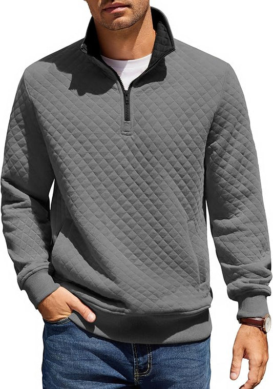 COOFANDY Mens Quarter Zip Pullover Quilted Sweatshirt Knit Long Sleeve Mock Neck Sweater Polo with Pocket