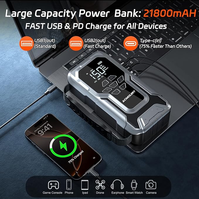 Acmount Jump Starter with Air Compressor, 6000A Car Battery Jumper Starter Portable(All Gas/10.0L Diesel), 150PSI Tire Inflator Air Pump, 12V Jump Pack with LCD Display, USB Quick Charge & LED Light