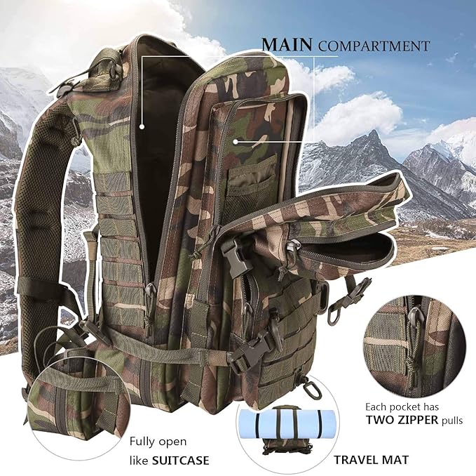 MOLLE Assault Backpack, Tactical Backpack Military Army Camping Rucksack, 3-Day Pack Trip w/Patch, D-Rings, Woodland