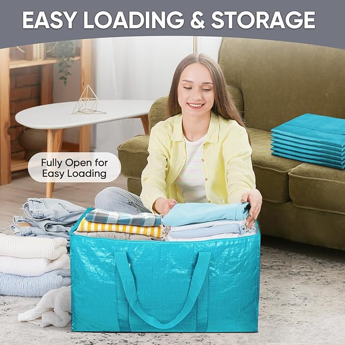 TICONN 4 Pack Extra Large Moving Bags with Zippers & Carrying Handles, Heavy-Duty Storage Tote Moving Boxes for Space Saving (4 Pack, Aqua)