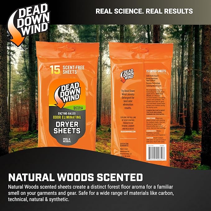 DEAD DOWN WIND Natural Woods Scented Odor Eliminating Dryer Sheets (15Ct) - Hunting Scent Control - Durable Hunting Scent Eliminators - Advanced Hunting Laundry Gear