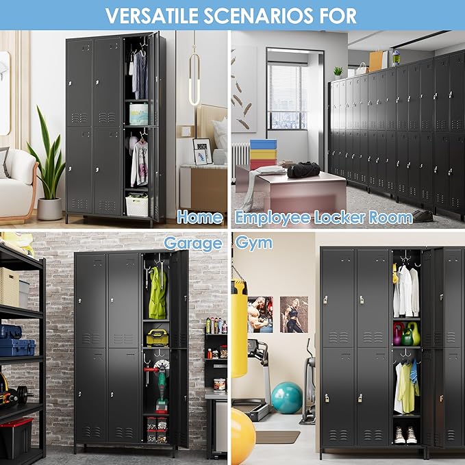 Metal Lockers for Employees with 6 Doors and 18 Hooks, 72”H Storage Locker with Card Slot for Office Gym School Bedroom, Black, Assembly Required