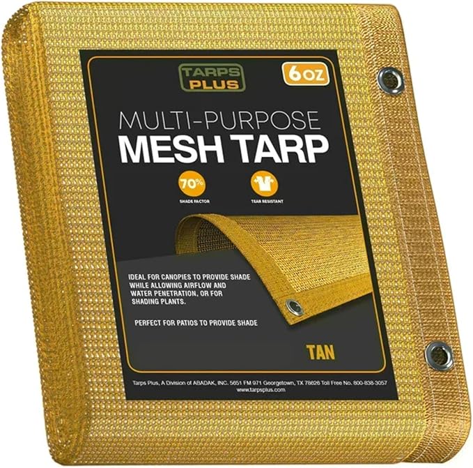 UV Resistant Tan Mesh Tarps 6' x 20' - Rip & Tear Proof Resistant Polyethylene Mesh for Plant Garden, Greenhouse House Patio, Car, Truck, Boat or RV, 70% Sunblock Shade