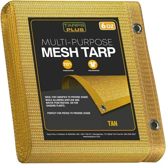 UV Resistant Tan Mesh Tarps 8' x 20' - Rip & Tear Proof Resistant Polyethylene Mesh for Plant Garden, Greenhouse House Patio, Car, Truck, Boat or RV, 70% Sunblock Shade