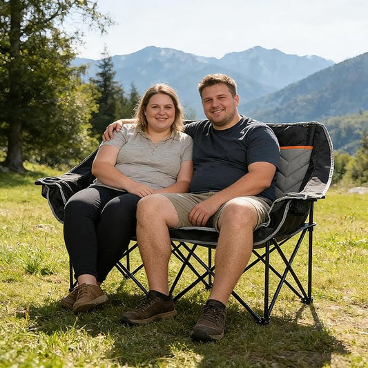 Double Camping Chair, Padded Loveseat Camping Couch, Oversized 2 Person Camp Chairs with Carry Bag,Heavy Duty Folding Lawn Chair for Adults Portable Outdoor Folding Sofa for Patio Backyard, Black
