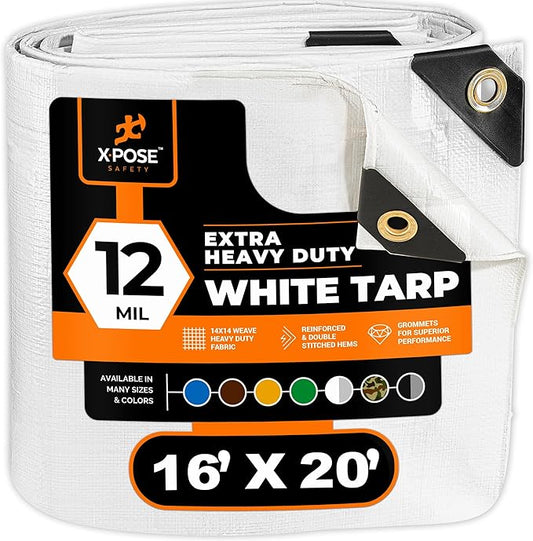 Heavy Duty White Poly Tarp 16' X 20' - Multipurpose Protective Cover - Durable, Waterproof, Weather Proof, Rip and Tear Resistant - Extra Thick 12 Mil Polyethylene - by Xpose Safety