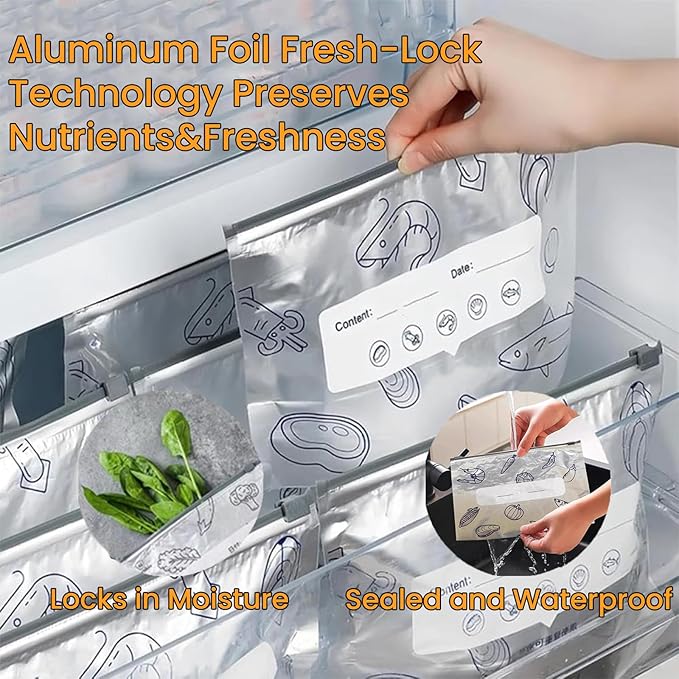30Pcs Reusable Aluminum Foil Sealable Storage Bags, Thicken Stand Up Foil Sealable Bags with Label and Zip Lock, Aluminum Foil Bags for Food, Vegetable Fruit Meat (10*S+10*M+10*L)