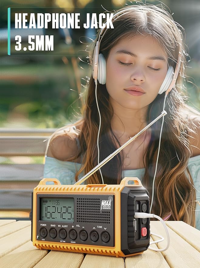 5000 Emergency Weather Radio- Portable Radio AM/FM/SW/NOAA with USB Charger, Rechargeable Battery Powered Solar/Hand Crank Radio with Flashlight, Large Backlit LCD Display, Headphone Jack, SOS Alarm