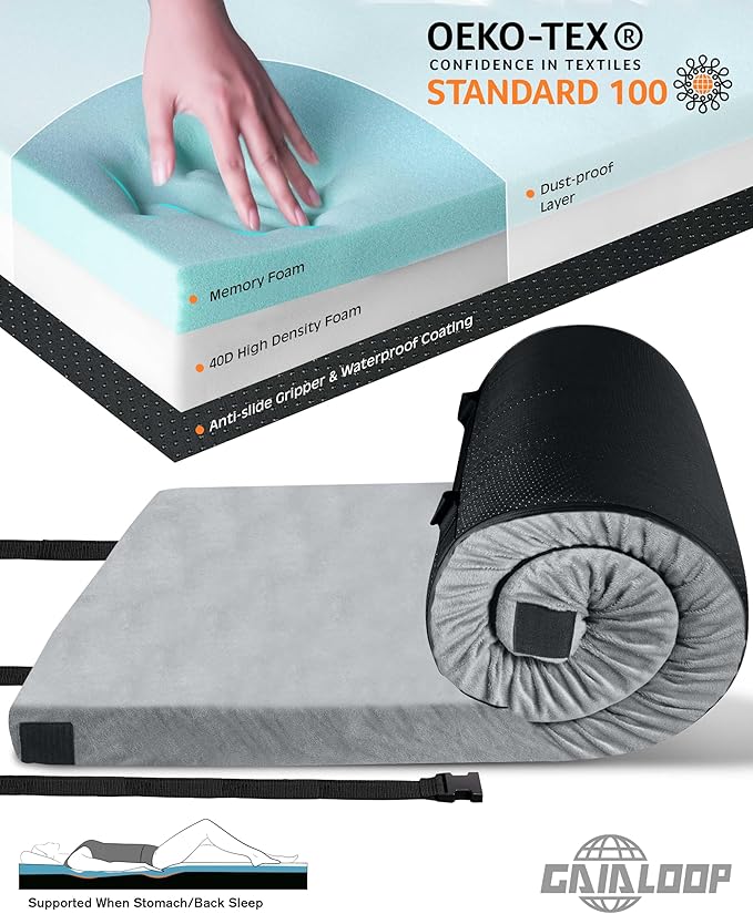 3 Inch Memory Foam Camping Mattress, Dual Layer Thick Sleeping Camp Pad for Car Tent Cot, Roll-Up Portable Glamping Floor Bed for Guests Sleepover