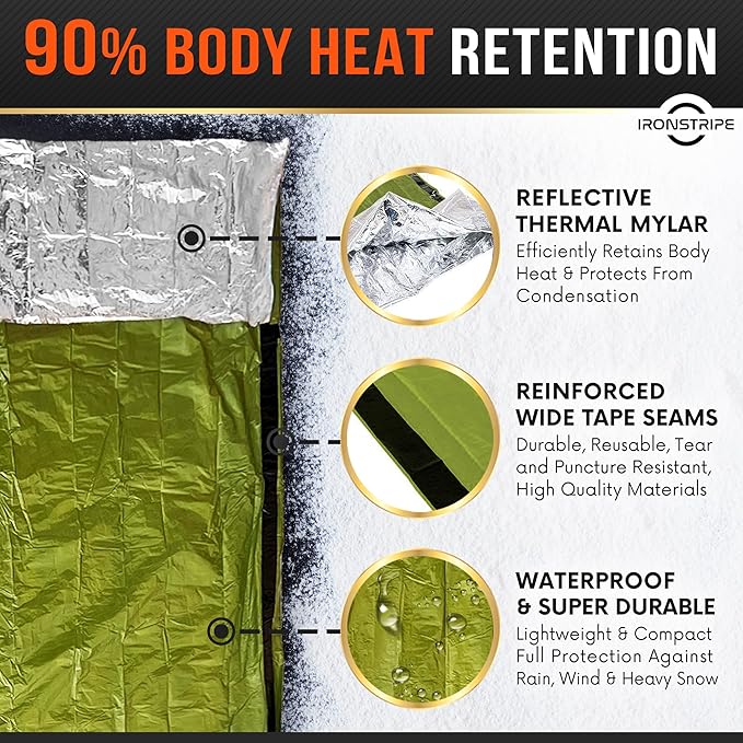 Bivy Sack XL Waterproof Survival Sleeping Bag with Emergency Whistle, Built-in Hood & Thermal Mylar - Tear & Puncture-Resistant
