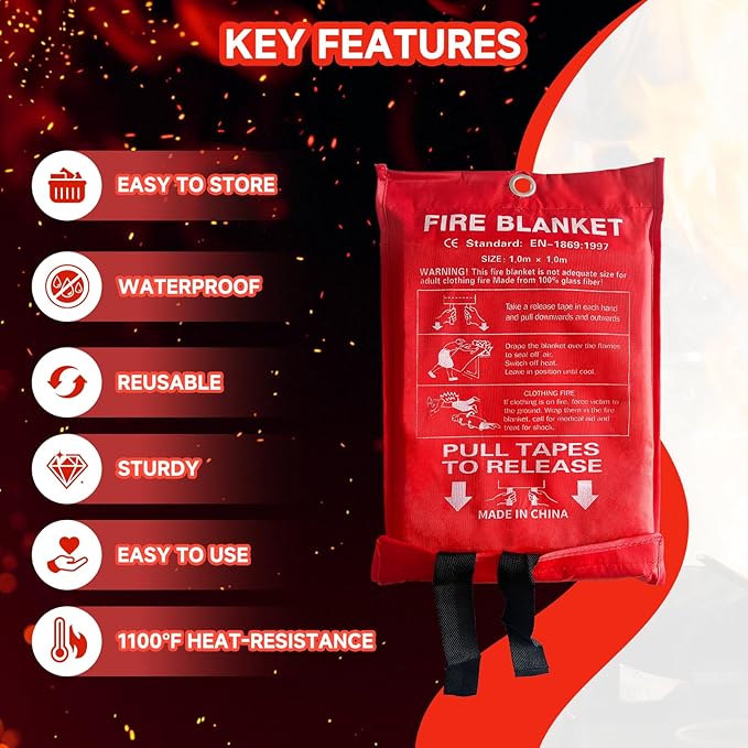 24 Packs Fire Blanket – 39.37x39.37 Inches, 1100℉ Heat Resistant, Emergency Fire Suppression Blanket for Kitchen, Home, Car, Camping – Easy to Use, Non-Toxic, Reusable, Compact & Lightweight