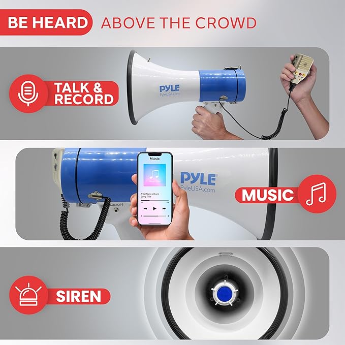 Pyle Megaphone PA Bullhorn Speaker - Built-in Siren 50 Watts Rechargeable Battery- 10 Sec Record Function for Football Baseball Basketball Cheerleading Fans Coaches or for Safety Drills - (PMP59IR)