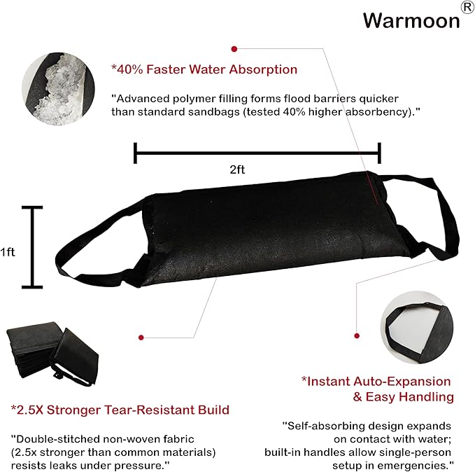 1FT*2FT Warmoon Self-Absorbing Flood Bags with Handles for US Homes - Ideal Barriers for Doorways, Garages & Basements (1ft*2ft (Pack of 10))
