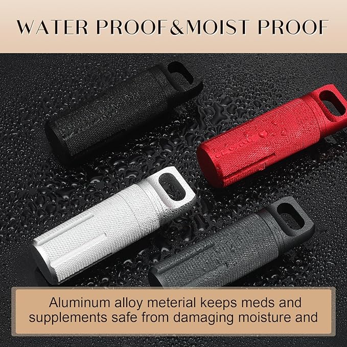 Patelai 4 Pcs Portable Keychain Pill Holder Pill Organizer Travel Waterproof Match Container Aluminum Airtight Keychain Container Travel Size Storage Supplements Holder for Outdoor Camping(Elegant)