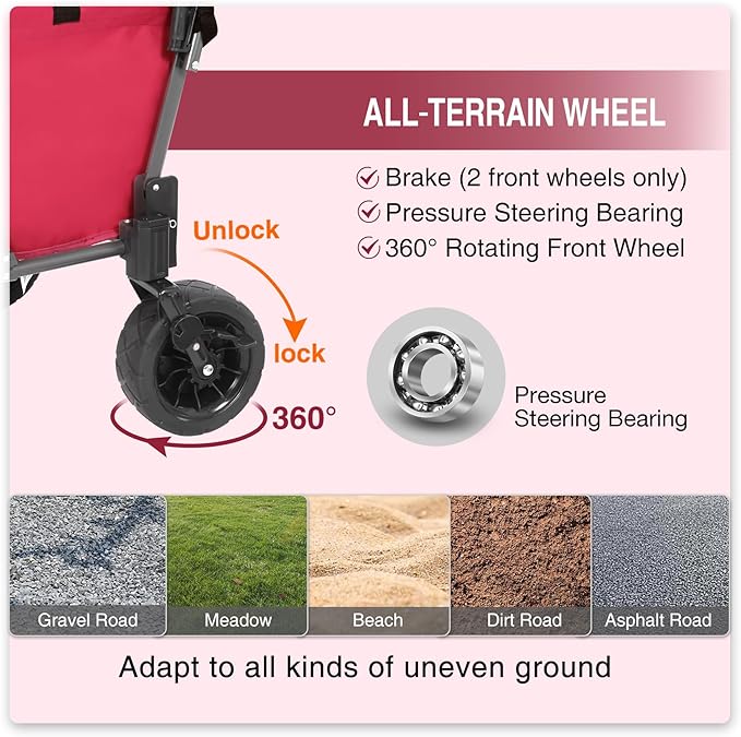REDCAMP Folding Dog Wagon Cart with Extendable Rear End Heavy Duty, 220L Large Collapsible Utility Cart Dog Stroller with Tailgate for Sports Shopping Pet, Pink