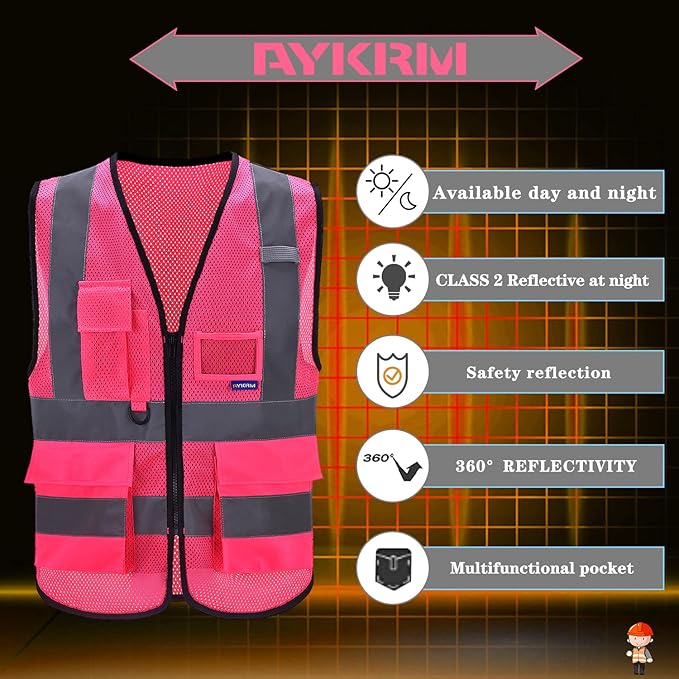 A-SAFETY High Visibility Mesh Safety Reflective Vest with Pockets and Zipper,Hi Viz Work Vest for Men Women (Pink Mesh XXXL)