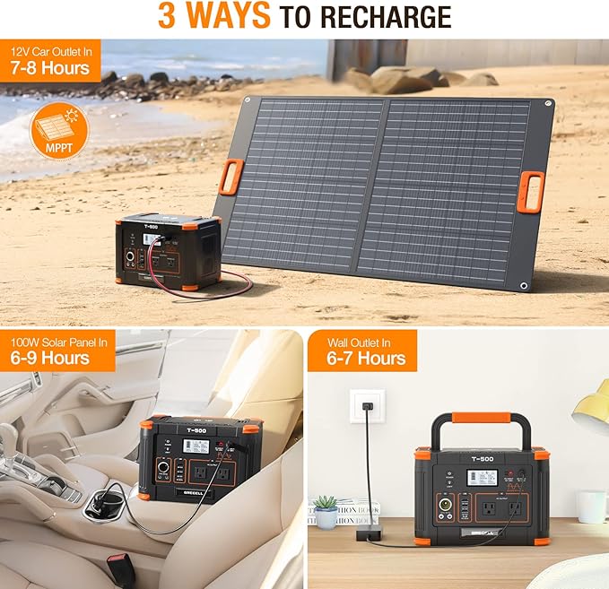 GRECELL Portable Power Station 500W, 519Wh/140400mAh Solar Generator Backup Lithium Battery Pack Power Supply with 2 AC Outlets, PD 60W USB-C Power bank for Outdoor RV Camping Home Outage Emergency