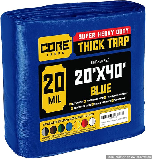 Core Tarps Extreme Heavy Duty 20 Mil Tarp Cover, Waterproof, UV Resistant, Rip and Tear Proof, Poly Tarpaulin with Reinforced Edges for Roof, Camping, Patio, Pool, Boat (Blue 20′ X 40′)
