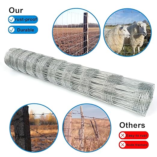 Farm Fence 4ft x 164ft Heavy Zinc Coating Cattle Fence,Galvanized Field Wire Fencing Deer Fence,Goat Fence,Hog Wire Fencing for Yard Livestock & Animals Protection
