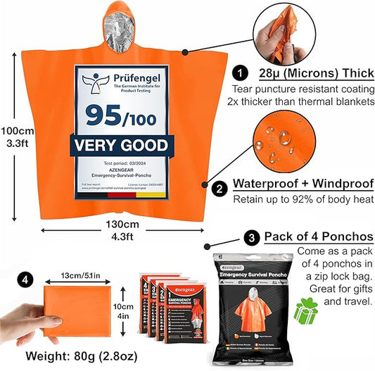 aZengear Emergency Survival Poncho (4pc) Thermal Mylar Foil Blanket for Heat Retention and Rain | Reversible with Hood | Waterproof, Windproof, Portable, Hands-Free, Outdoor Kit (Orange)