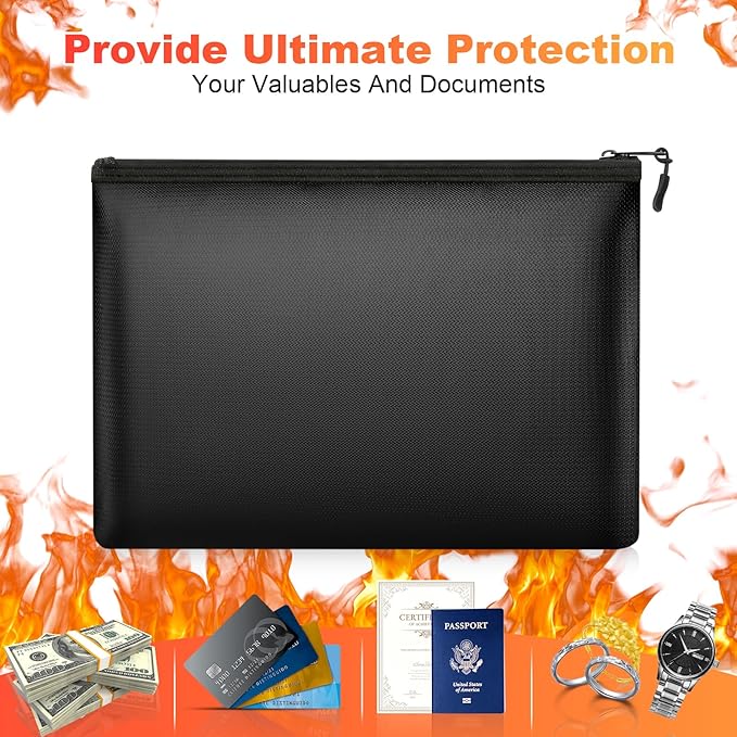 Fireproof Money Bag, 13.5 x 10 Inch, Fire Proof Bag for Documents, Waterproof Travel Document Holder & Organizer for Cash, Passport, Credit Cards - Portable Fire Resistant Pouch for Home